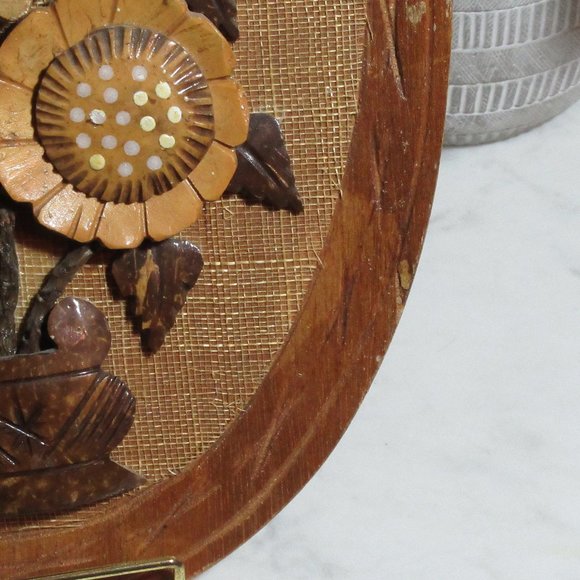 Vintage Hand-Carved Coconut Shell Flower Arrangement on Plaque - Picture 3 of 6